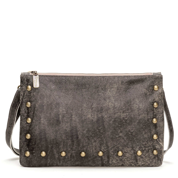 Studded bag in light charcoal full-grain leather convertible clutch-to-crossbody with adjustable strap