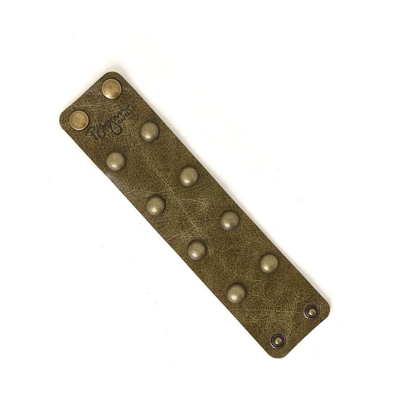 Distressed olive green leather studded bracelet, Brynn Capella, made in the USA