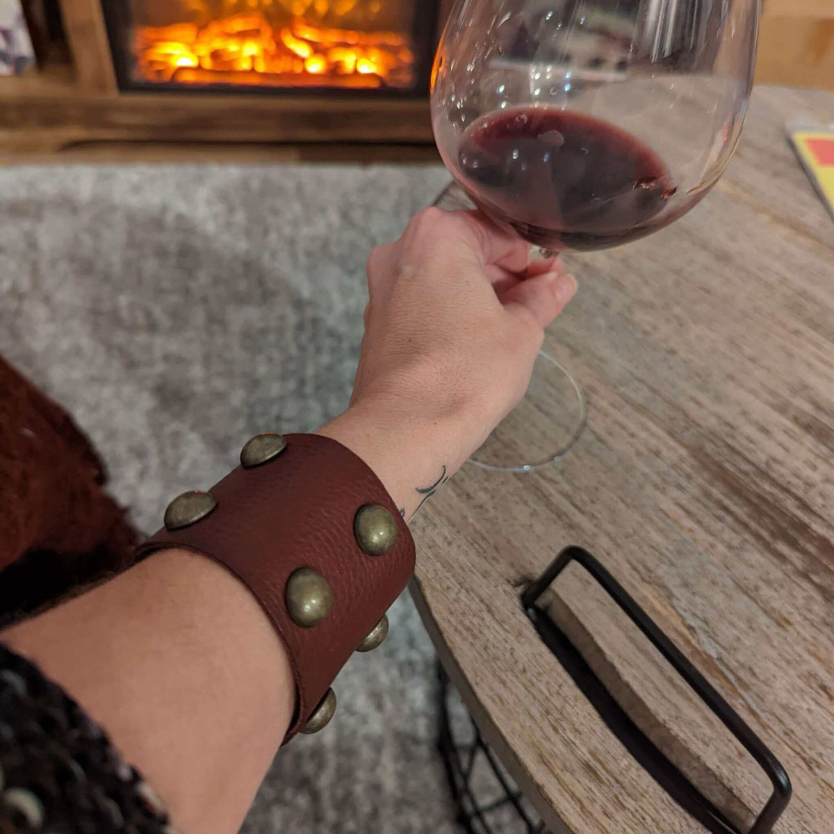 Wine Brown leather studded bracelet, Brynn Capella, made in the USA