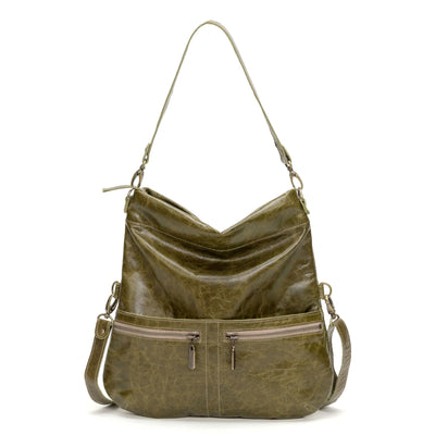 Mini Lauren 6-in-1 convertible leather crossbody bag in olive green with adjustable strap and zippered pockets.