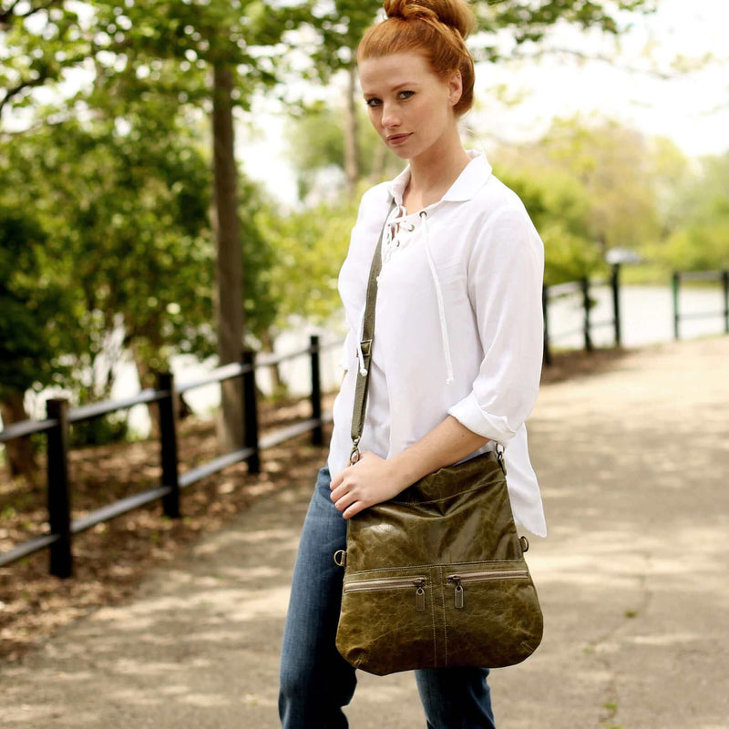 Convertible leather crossbody backpack, Green, USA made Medium Crossbody Brynn Capella