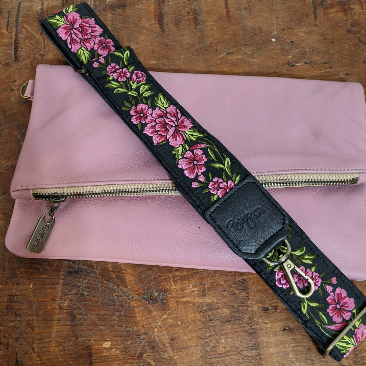 Retro Floral Woven Crossbody Guitar Style Purse Strap - Pink and Black