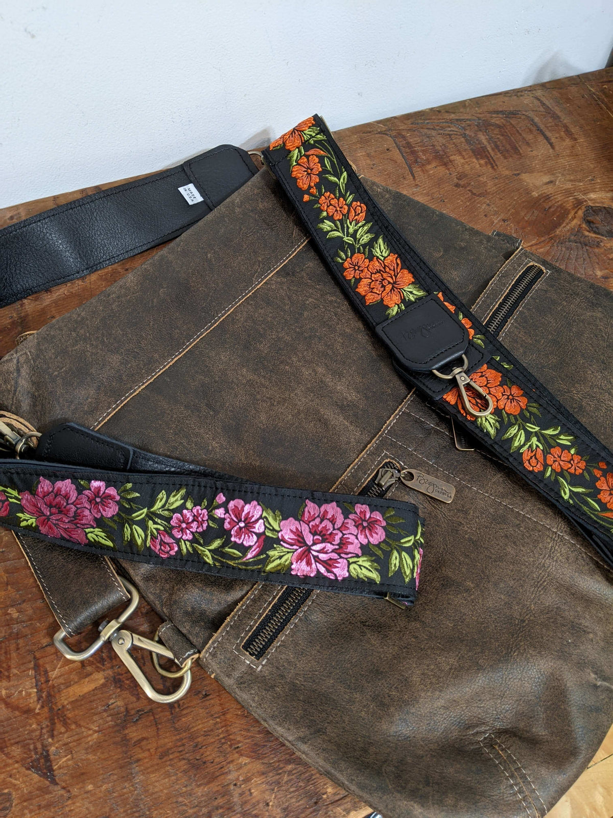 Adjustable Guitar Bag Strap, Orange floral print - leather