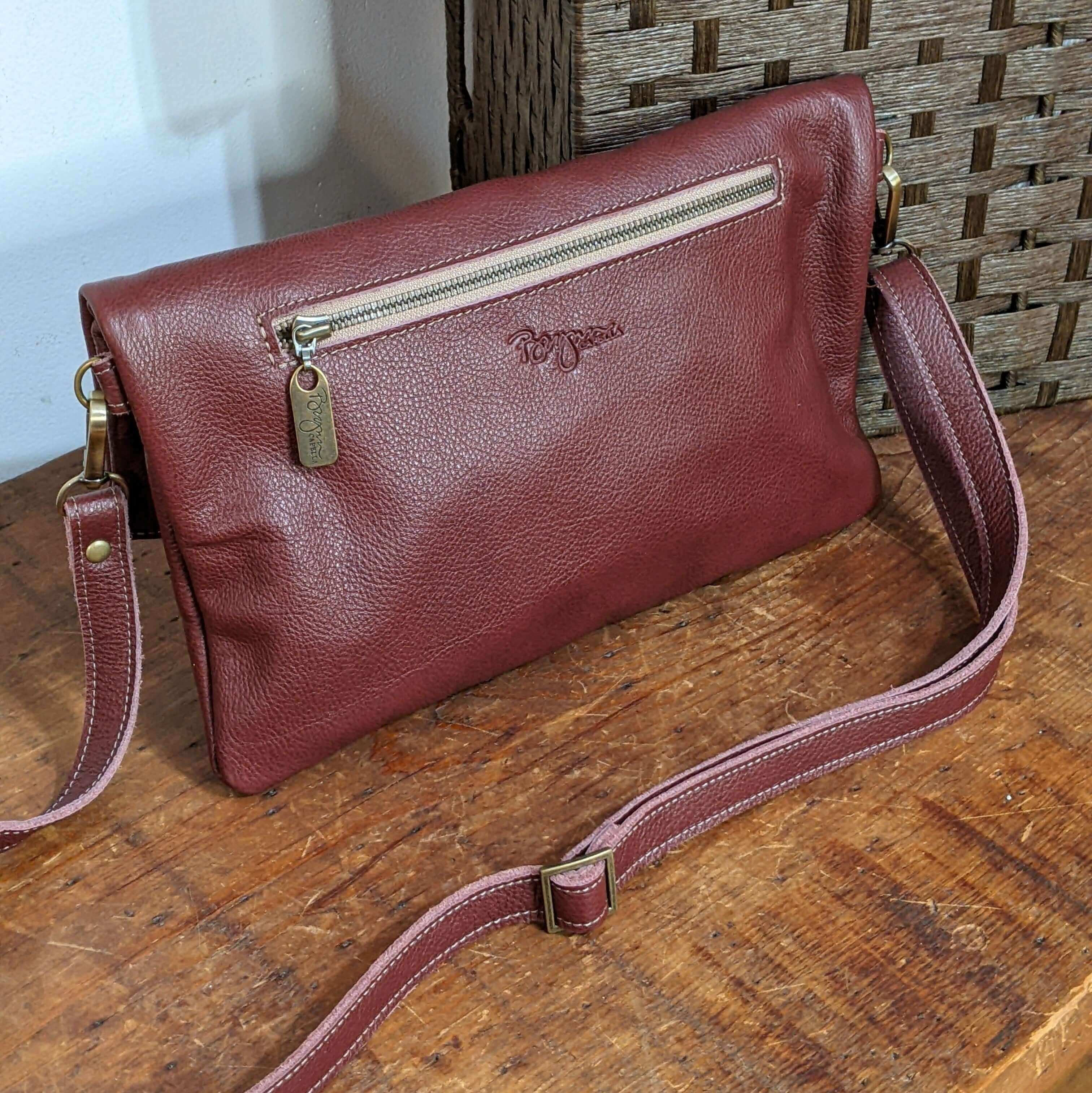 Plum Italian Leather Foldover Crossbody Bag Made in USA