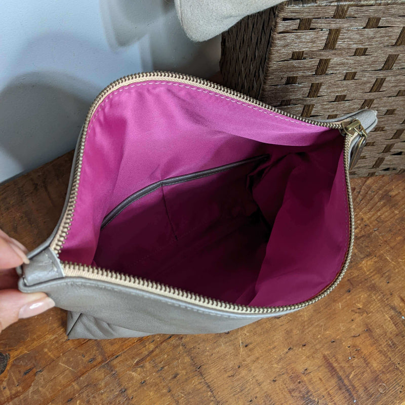 Leather Foldover Crossbody bag, clutch, grey, made in USA, Handbags, Small Crossbody, Brynn Capella