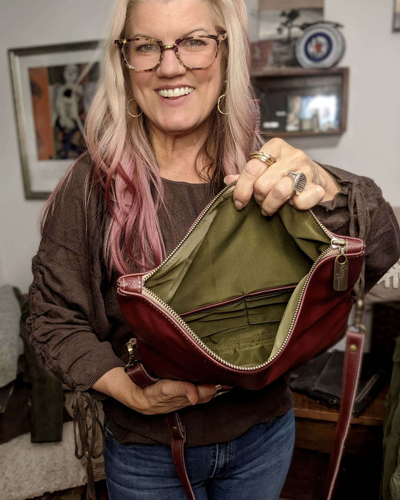 Leather Foldover Crossbody bag, clutch, plum, made in USA, Handbags, Small Crossbody, Brynn Capella