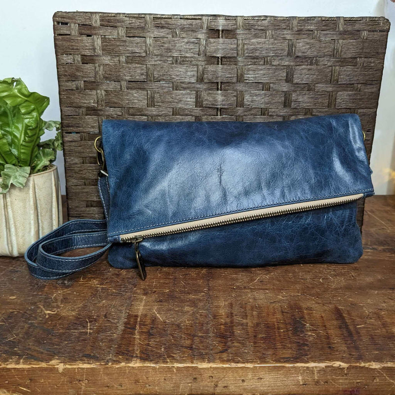 Leather Foldover Crossbody bag, clutch, blue, made in USA, Handbags, Small Crossbody, Brynn Capella