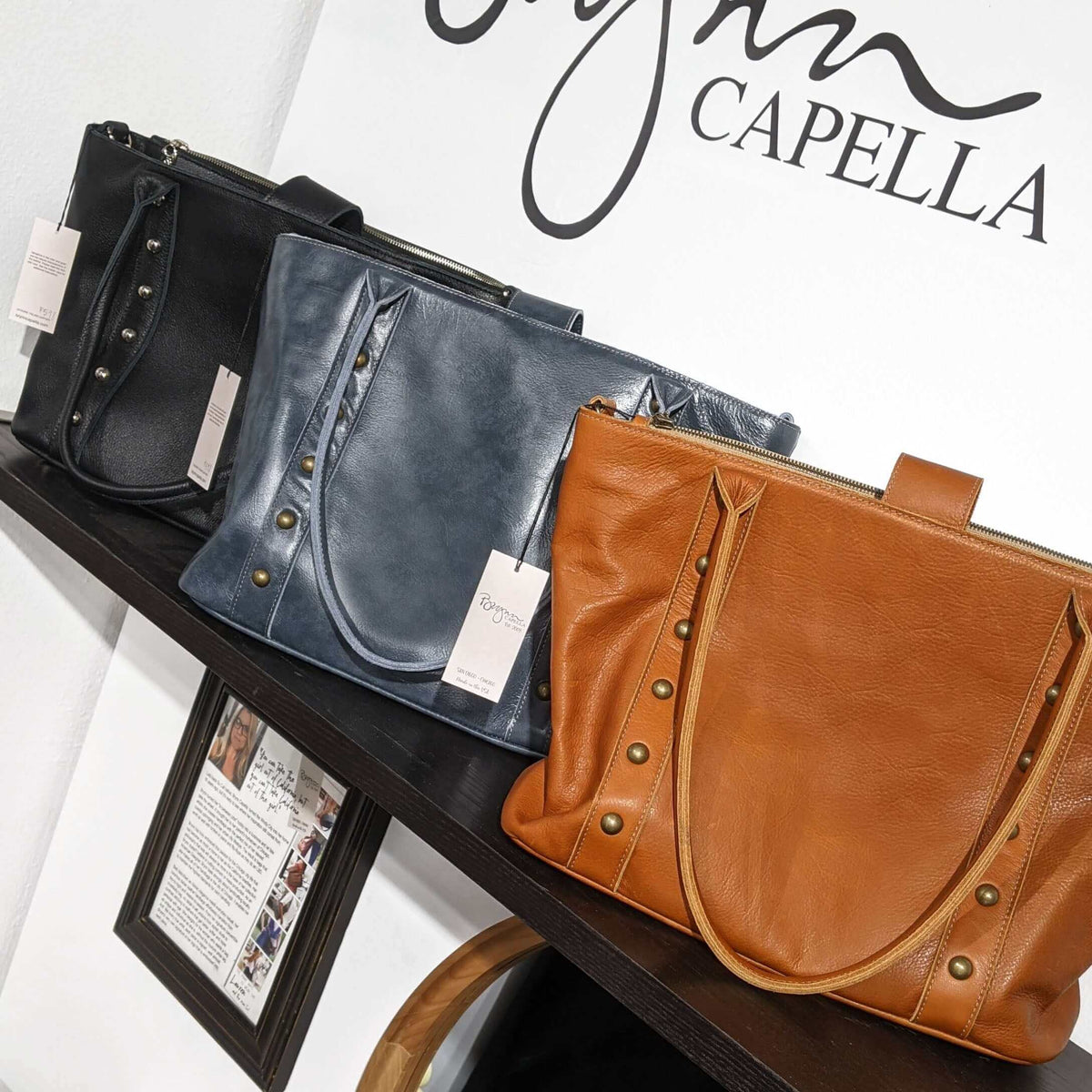 The perfect leather tote bag, available colors, Brynn Capella, made in the usa
