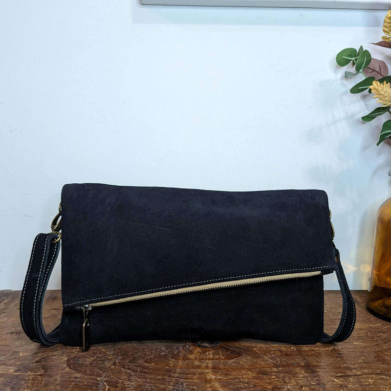 Leather Foldover Crossbody bag, clutch, black, made in USA, Handbags, Secret Sale, Brynn Capella