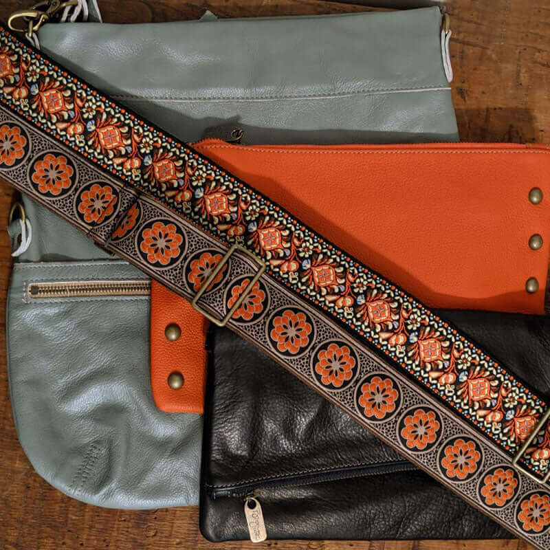 Guitar Purse Strap - Orange Daisy | Brynn Capella, Leather Goods $125 Handbag Strap accessories, best sellers, Brown, Favorite, orange